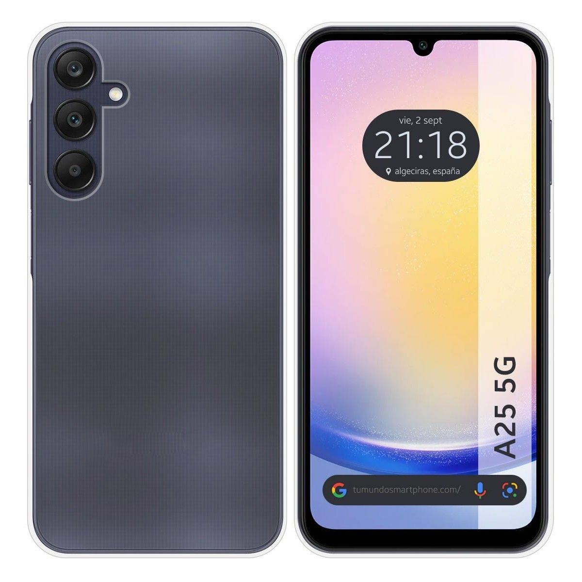 Teléfono con parte trasera púrpura y pantalla mostrando hora y ubicación, sobre fondo blanco.