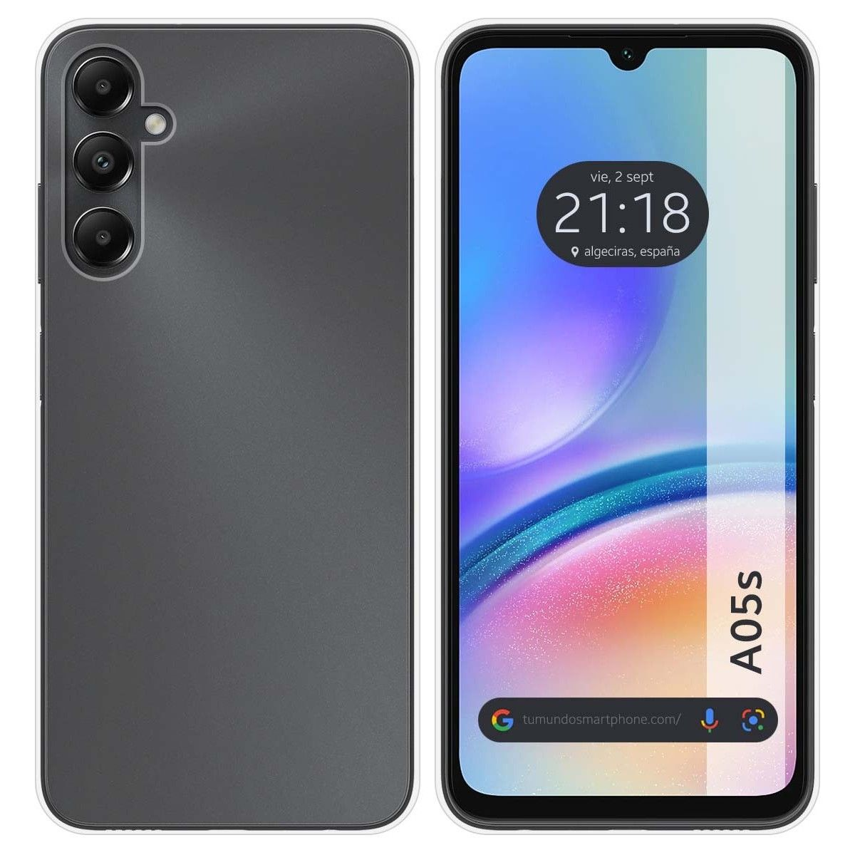 Telefono nero con custodia a sinistra e schermo visibile a destra.