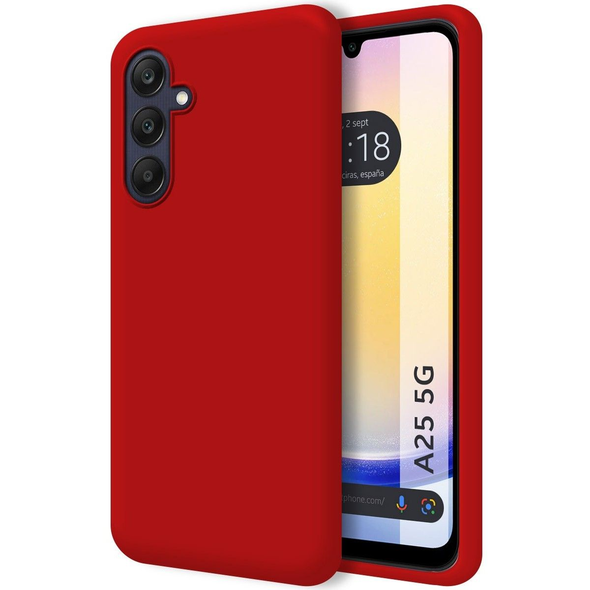 Custodia rossa su un telefono con data sullo schermo. Il telefono ha una tripla fotocamera.
