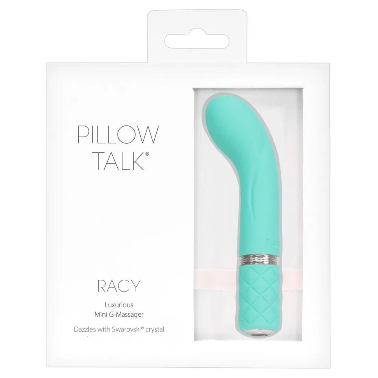 Ein türkisfarbener Vibrator in einer weißen Box. Text: Pillow Talk, Racy.