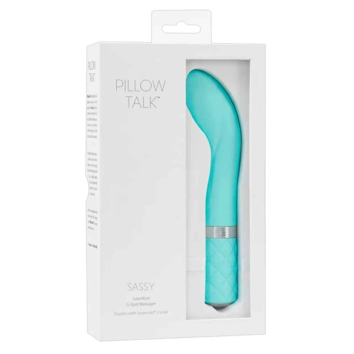 Ein türkisfarbener Vibrator in einer weißen Schachtel mit der Aufschrift 'Pillow Talk' und 'Sassy'.