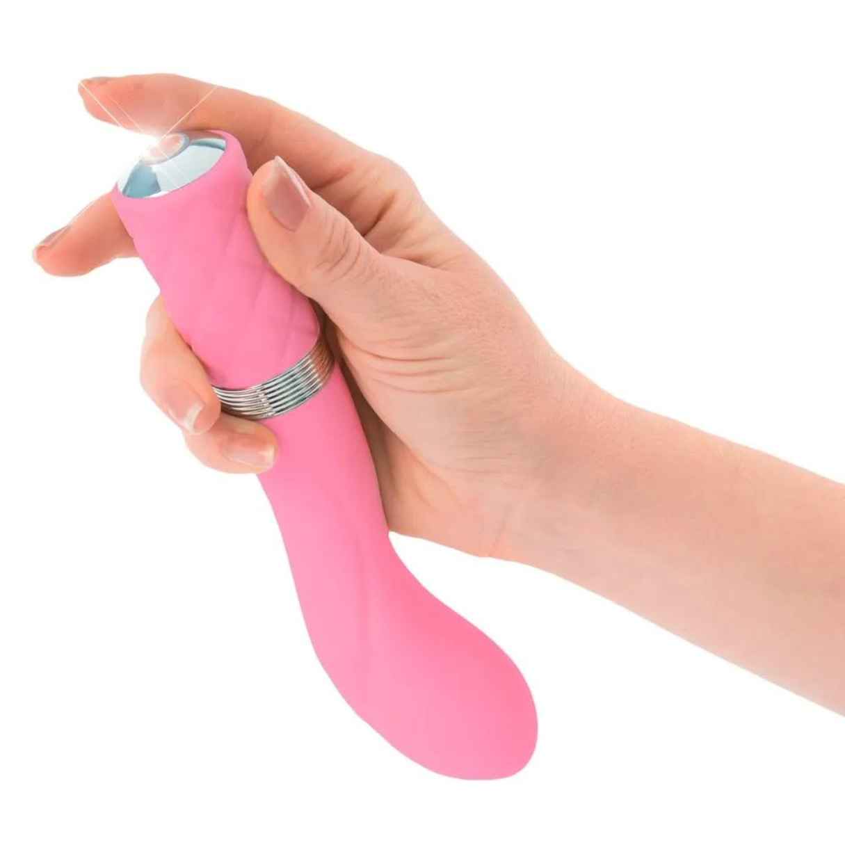 Ein rosa Sexspielzeug wird in einer Hand gehalten. Das Spielzeug hat eine gebogene Form.