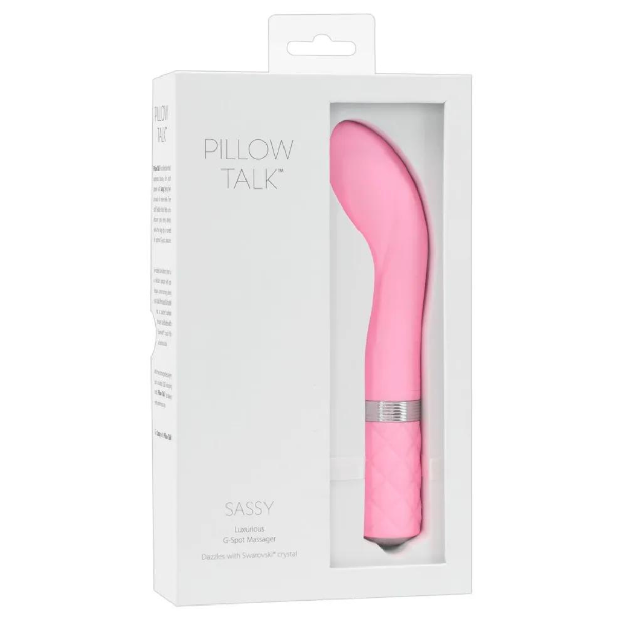 Rosa Pillow Talk Sassy G-Punkt-Massagegerät in einer weißen Box, mit Text und Produktdetails.