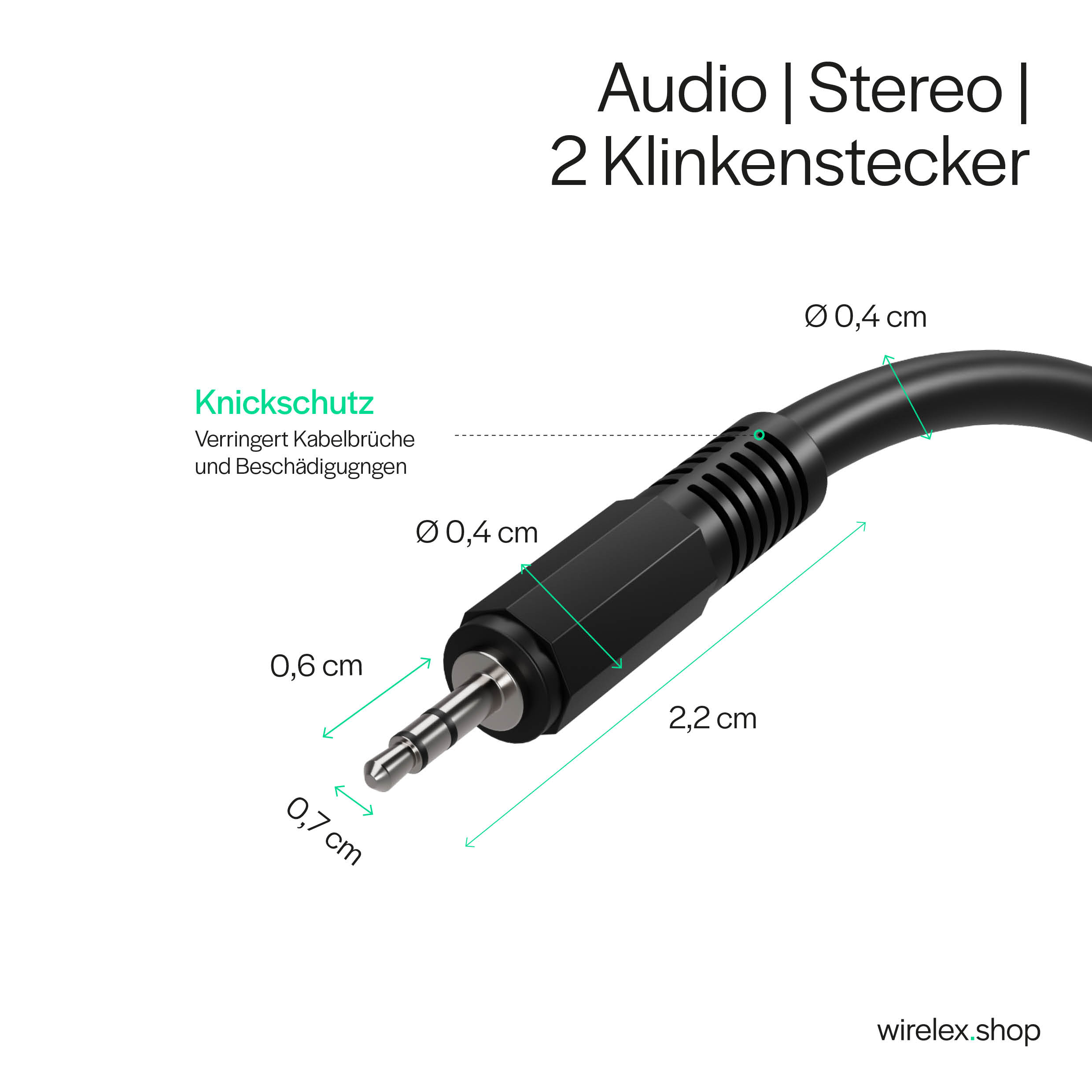 Schwarzer Audio-Klinkenstecker mit Maßen, schwarzes Kabel. Text zeigt Schutz.