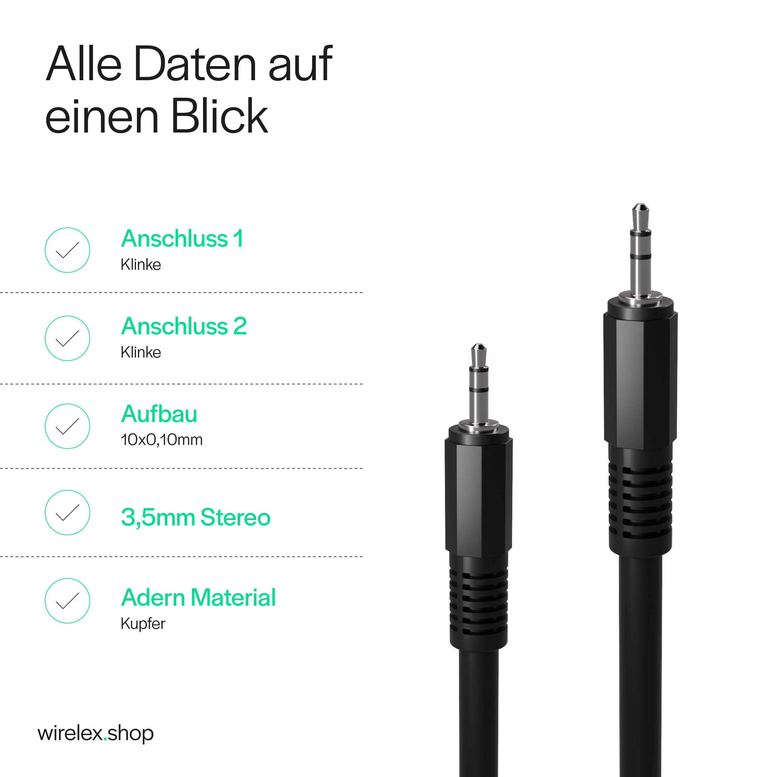 Nahaufnahme eines schwarzen Audiokabels mit 3,5-mm-Anschlüssen und Text.