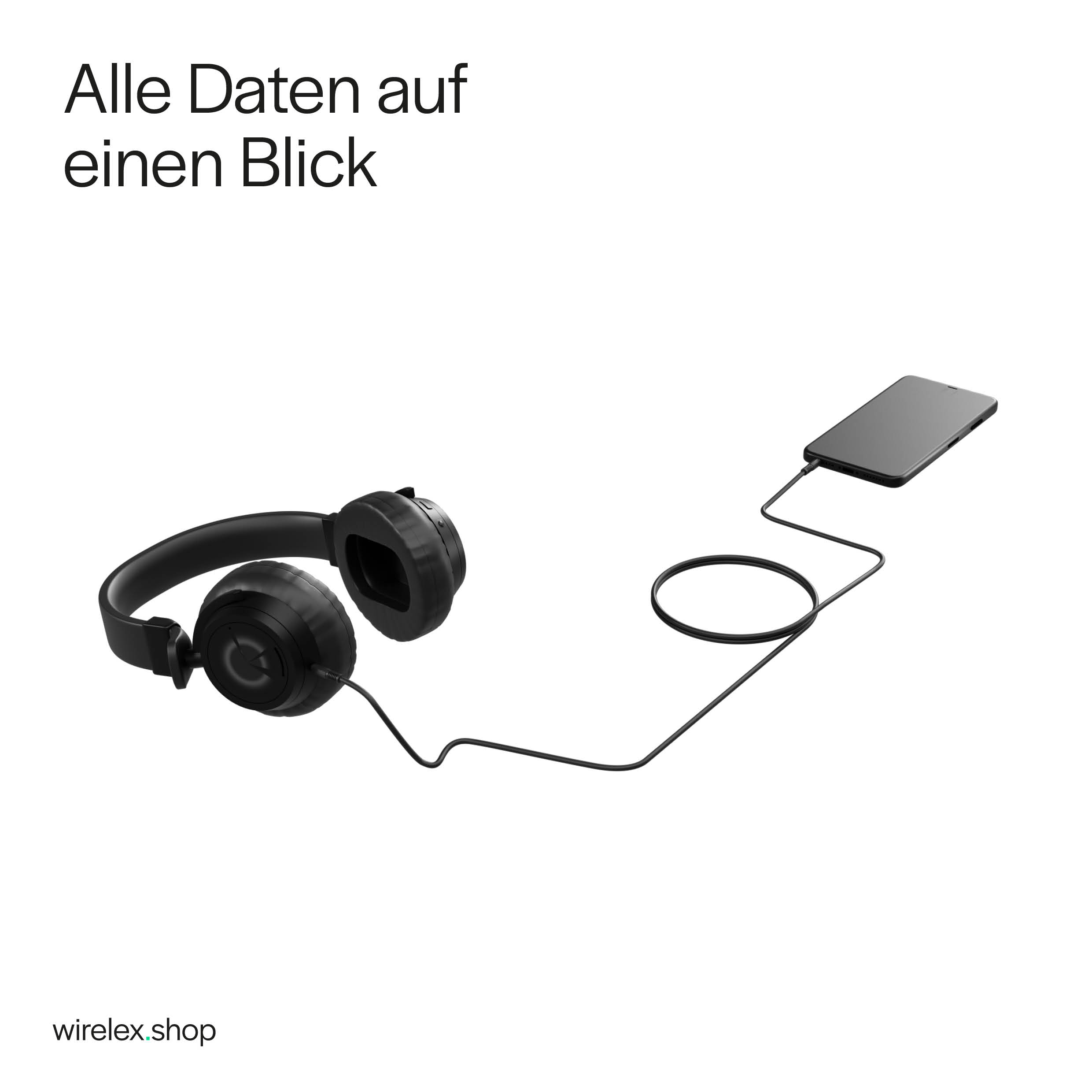 Schwarze Kopfhörer, die mit einem Telefon verbunden sind, und Text: "Alle Daten auf einen Blick".