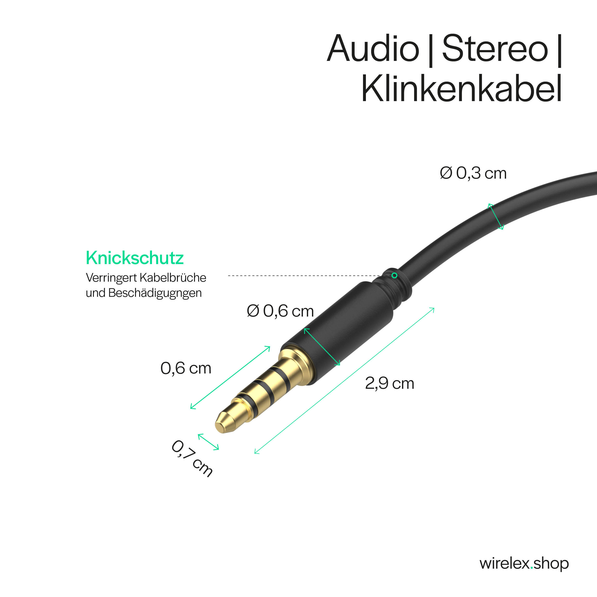 Ein Audiokabel mit Abmessungen und Beschriftungen. Enthält einen 3,5-mm-Stecker und ein schwarzes Kabel.