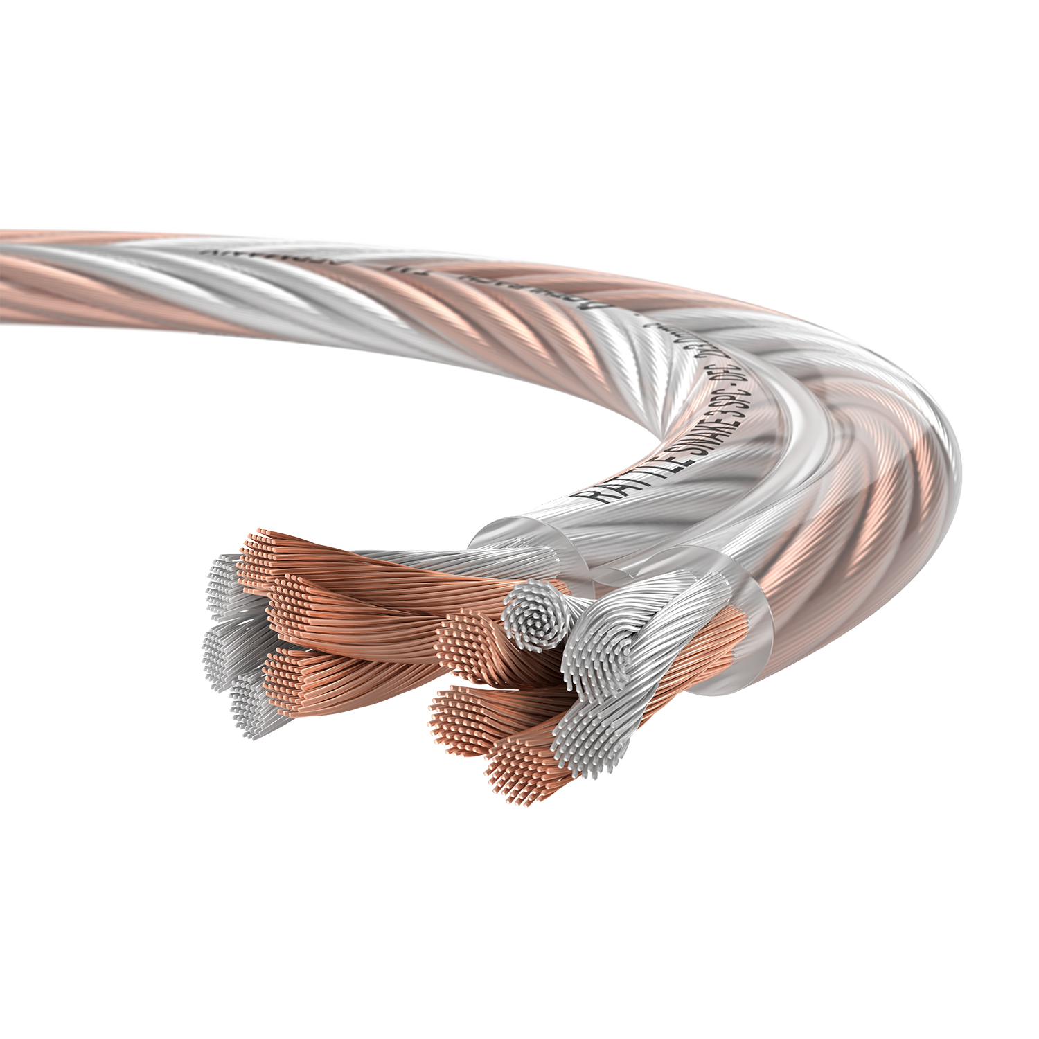 Flexibles Audiokabel. Das Kabel ist transparent mit Kupfer- und Silberdrähten.