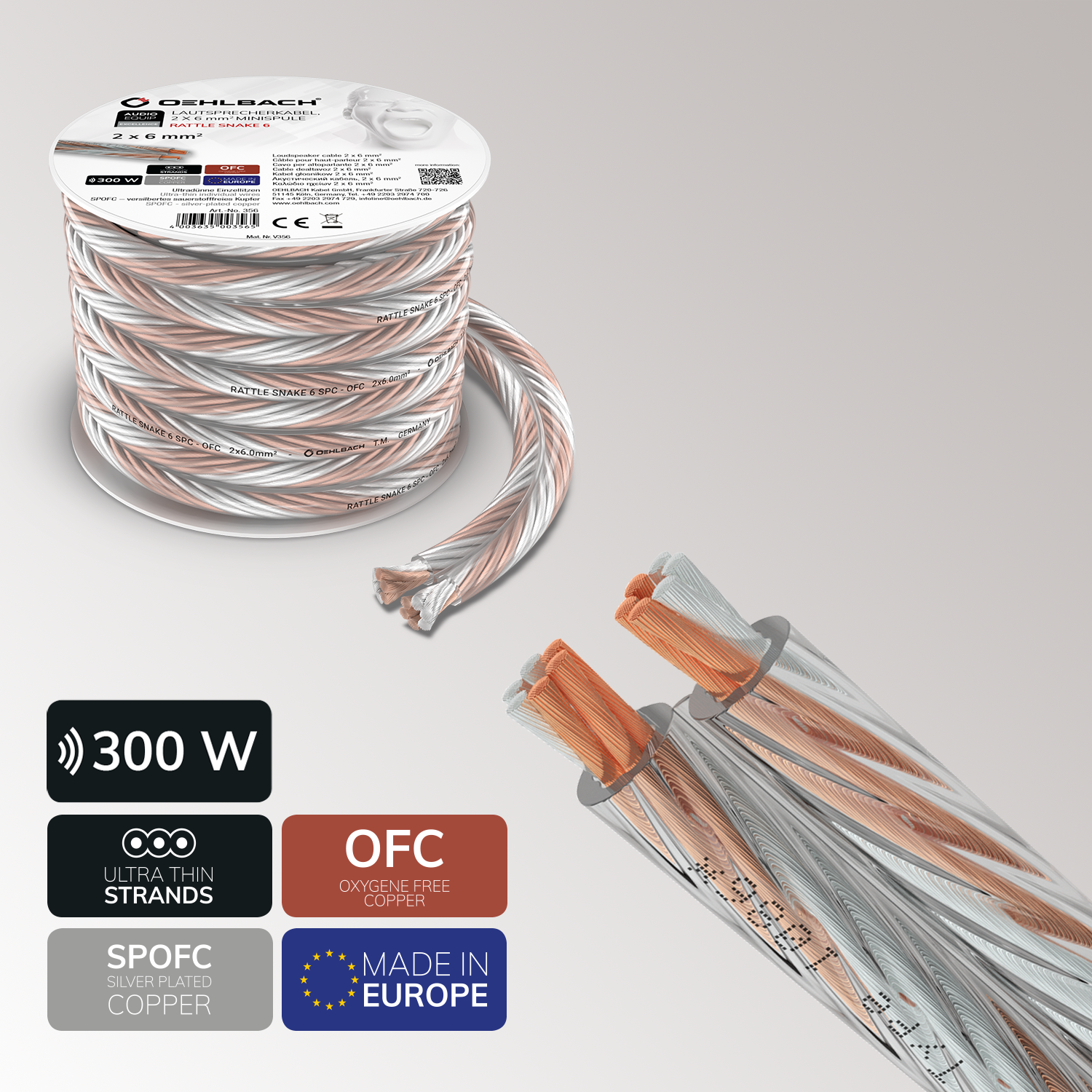 Kabelrolle und geschnittenes Kabel mit Kupferlitzen, sowie Textaufkleber unten.