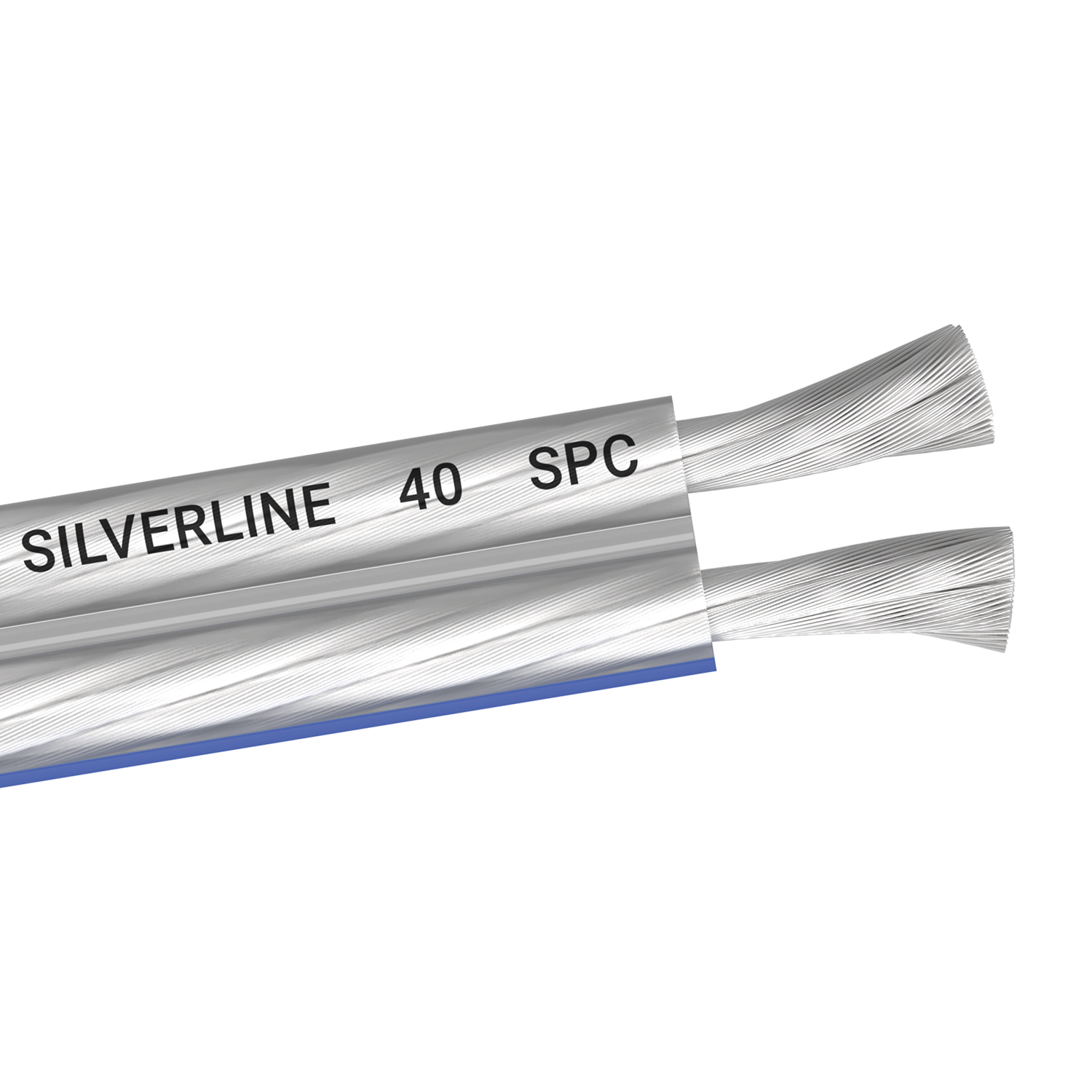 Nahaufnahme von zwei silbernen Lautsprecherkabeln mit dem Text „SILVERLINE 40 SPC“.