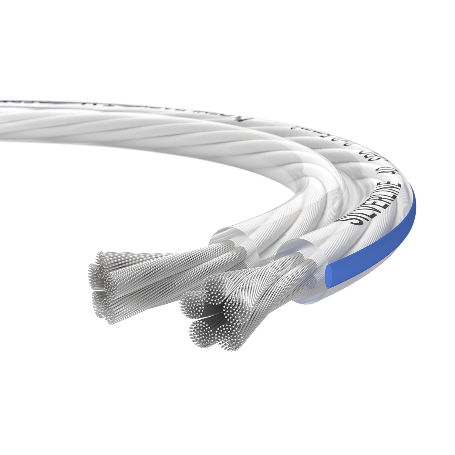 Ein weißes Kabel mit silbernen Drähten und blauen Akzenten, für die Präsentation verdreht.