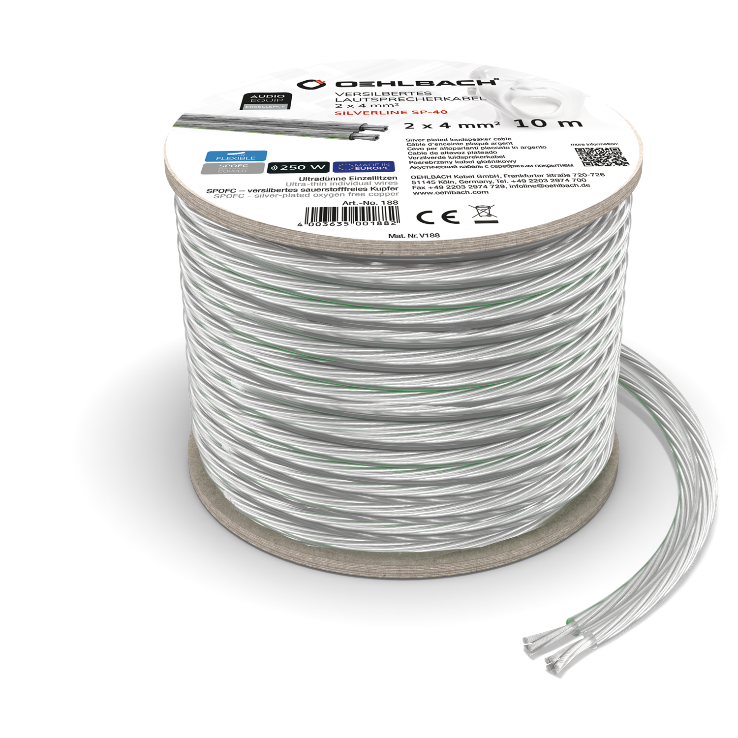 Kabelrolle, weiße und silberne Drähte, Produktinfoetiketten. Kabel sind nach rechts abgerollt.