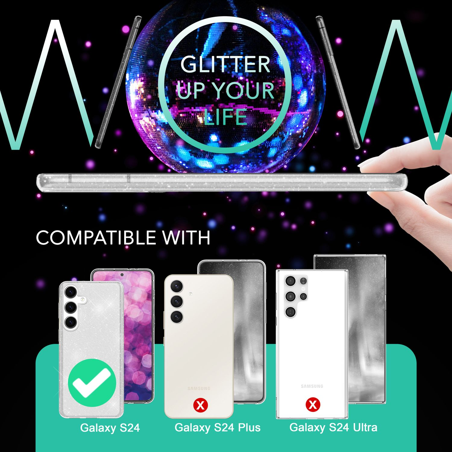 Handyhülle mit Glitzer und Handys. Text: Glitter up your life. Kompatibel mit Galaxy.