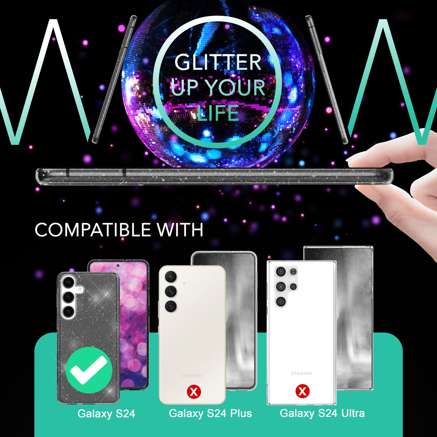 Handyhülle mit Glitzerdesign. Zeigt Kompatibilität mit Galaxy S24, S24 Plus und S24 Ultra.