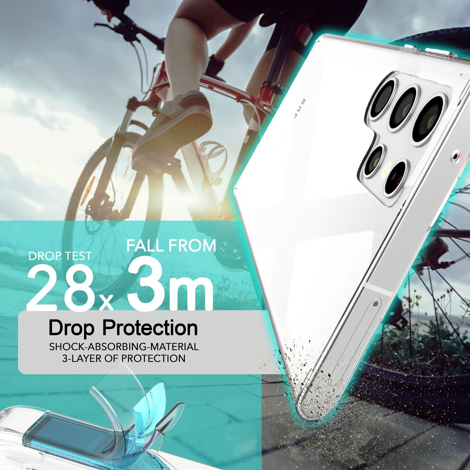 Téléphone dans une coque transparente, avec texte sur la protection contre les chutes, près d'un vélo. Fond de ciel.