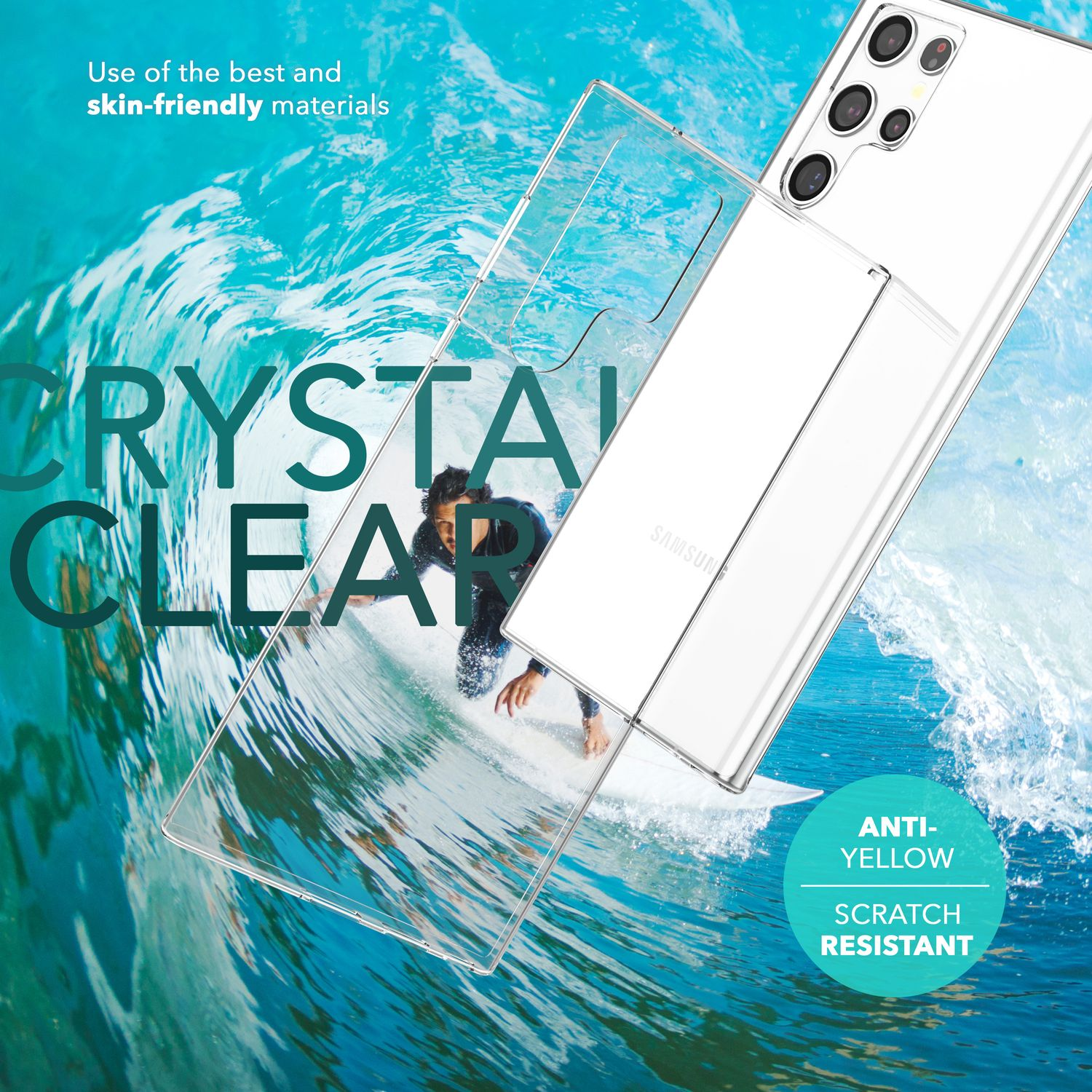 Une coque de téléphone transparente sur un téléphone avec un homme qui surfe.