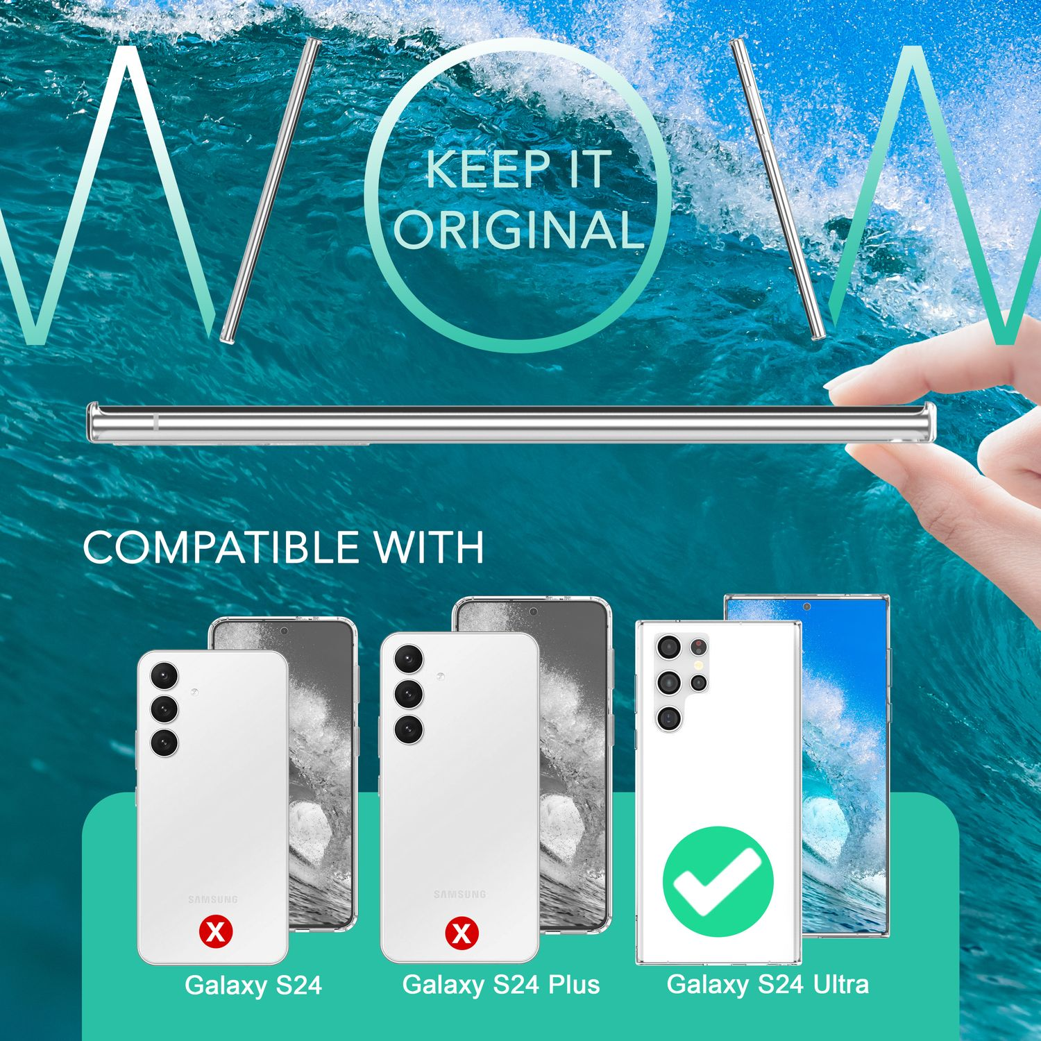 Graphique montrant des téléphones avec un protecteur d'écran, texte "KEEP IT ORIGINAL" et "COMPATIBLE WITH".