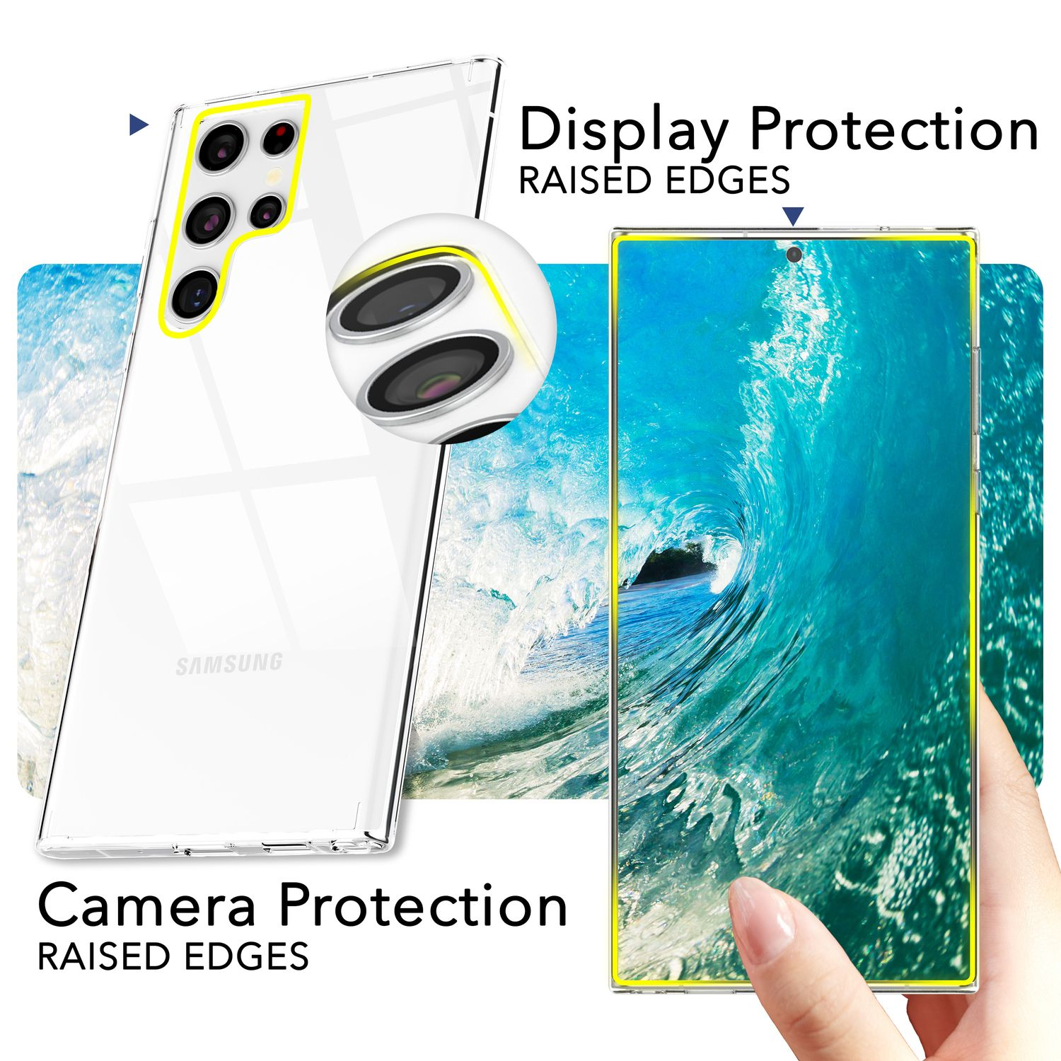 Coque de téléphone transparente. Protection d'écran, protection de caméra et bords surélevés sont mis en évidence.