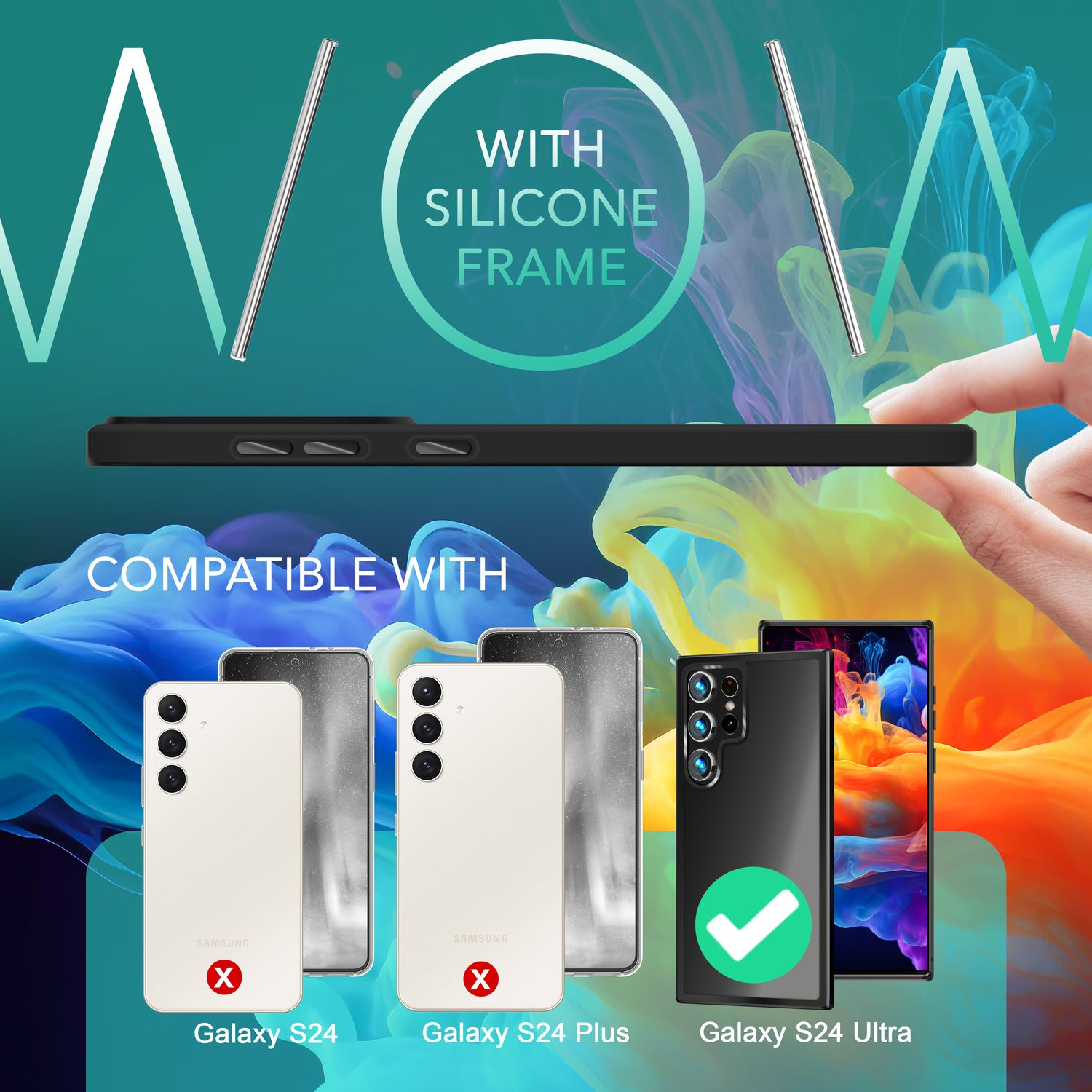 Eine Handyhülle. Sie ist kompatibel mit Samsung Galaxy S24 Ultra. Das Produkt ist schwarz mit Silikonrahmen.