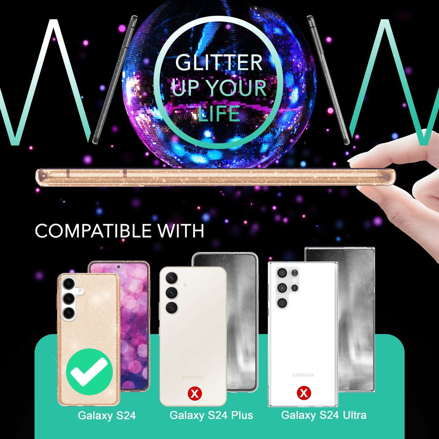 Handyhülle mit Glitzerdesign, kompatibel mit Galaxy S24, S24 Plus und S24 Ultra Modellen.