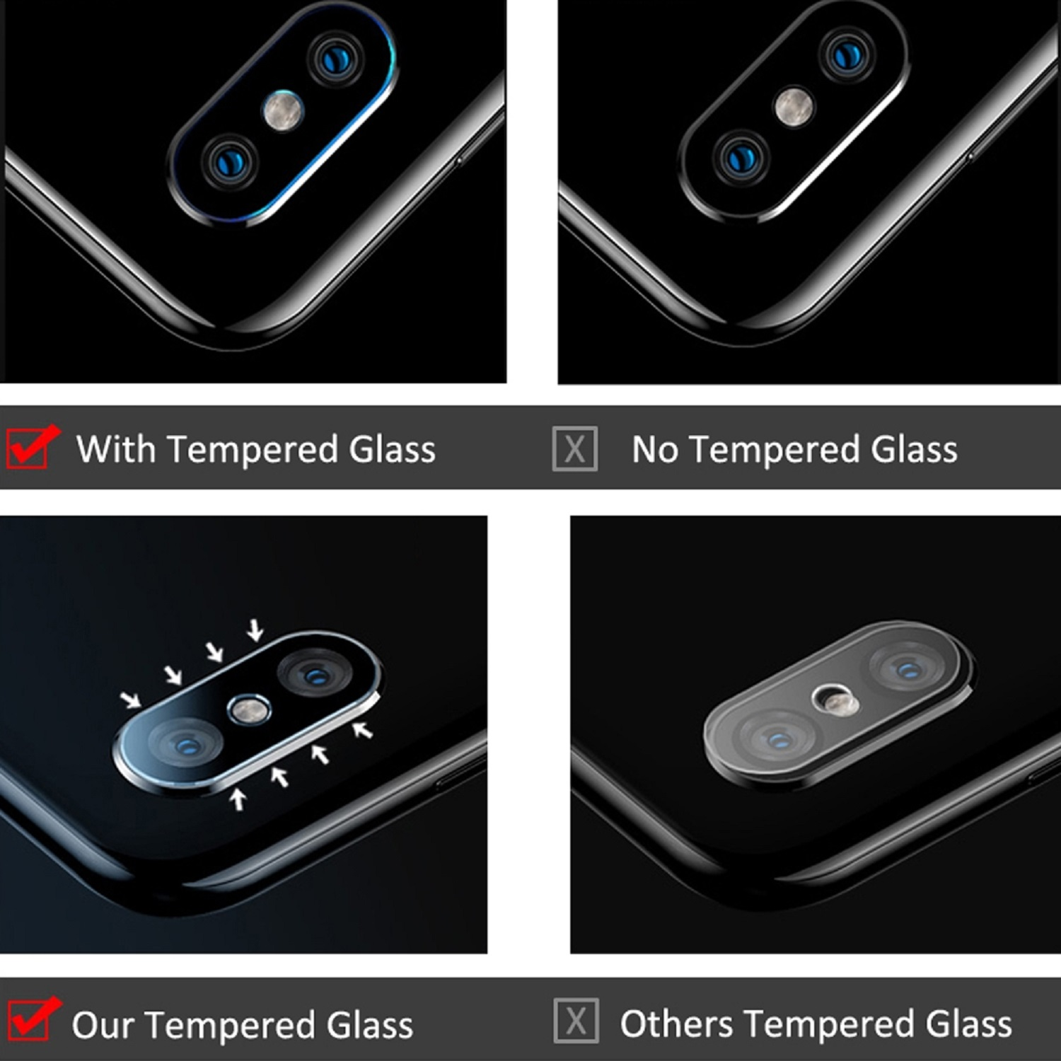 Bilder, die gehärtetes Glas auf Telefonen vergleichen, mit und ohne.