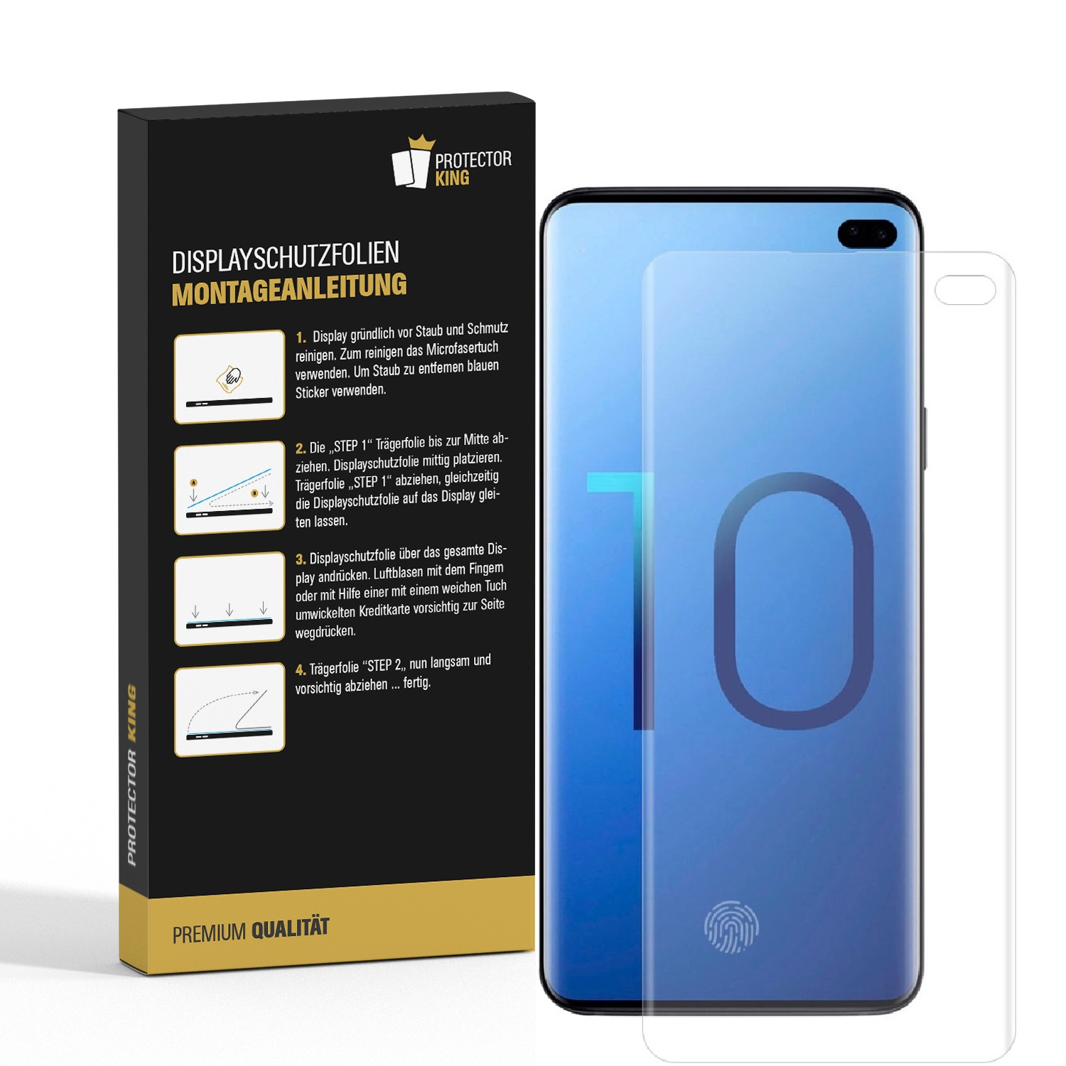 Auf der linken Seite befinden sich eine Displayschutzfolie, ein Telefon und Anweisungen. Das Telefon ist rechts.