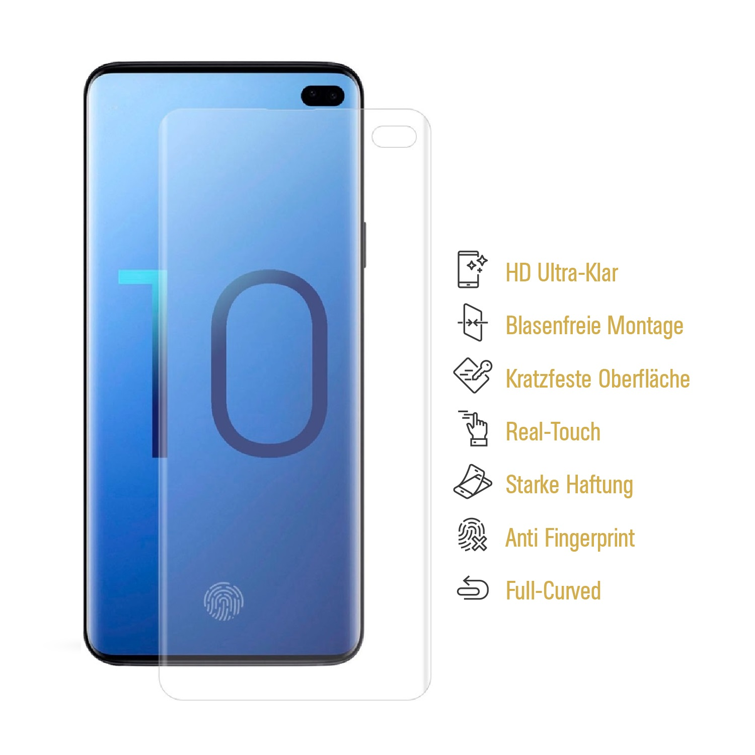 Ein Smartphone mit Displayschutz und Text über Funktionen: HD, einfache Installation, etc.