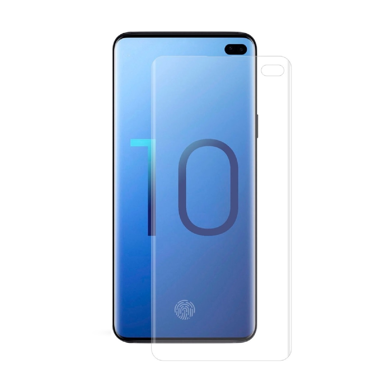 Smartphone mit aufgebrachter Displayschutzfolie, die einen blauen Hintergrund mit der Zahl 10 zeigt.