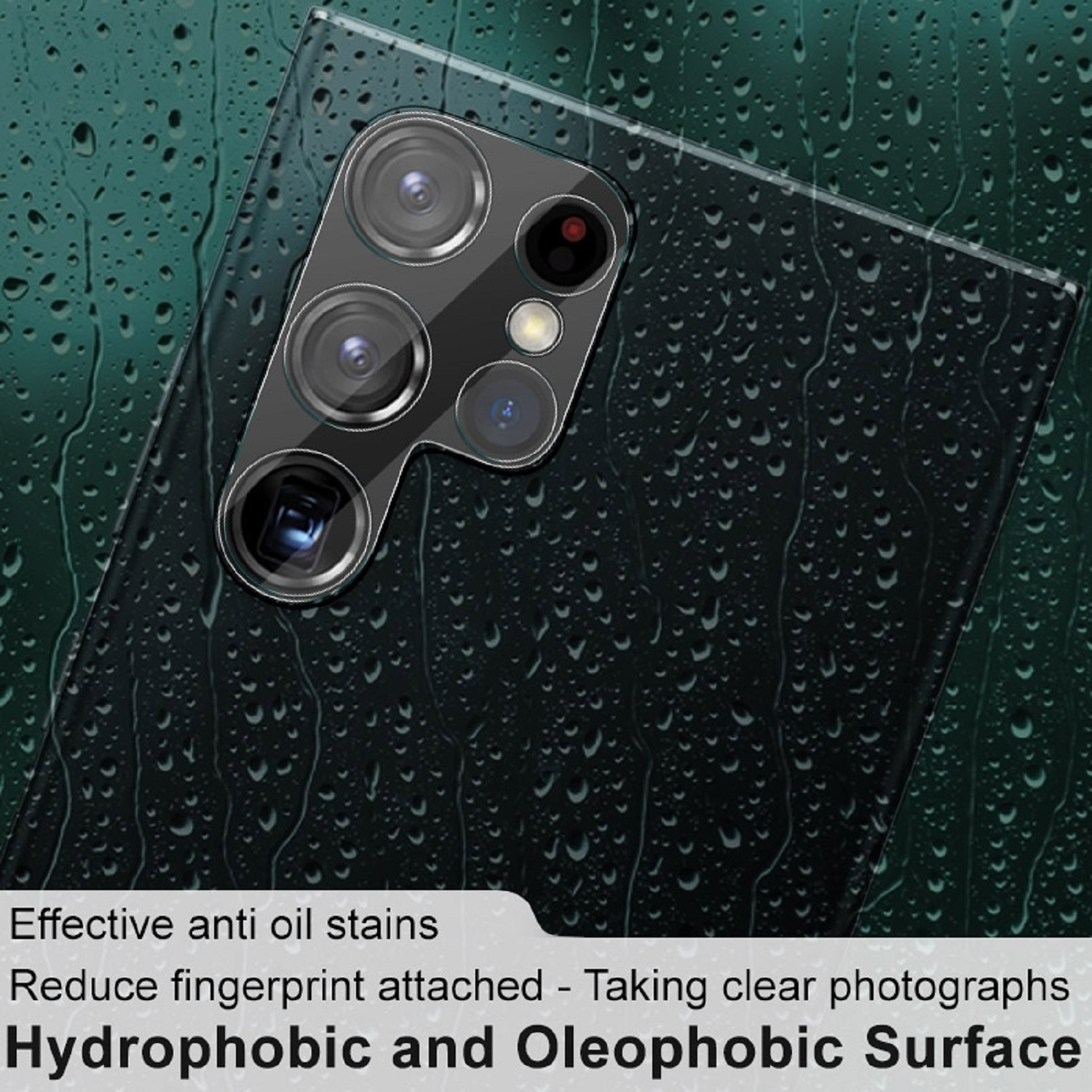 Ein schwarzes Telefon mit Displayschutzfolie, mit Wassertropfen und Text über Ölflecken und Fingerabdrücke.