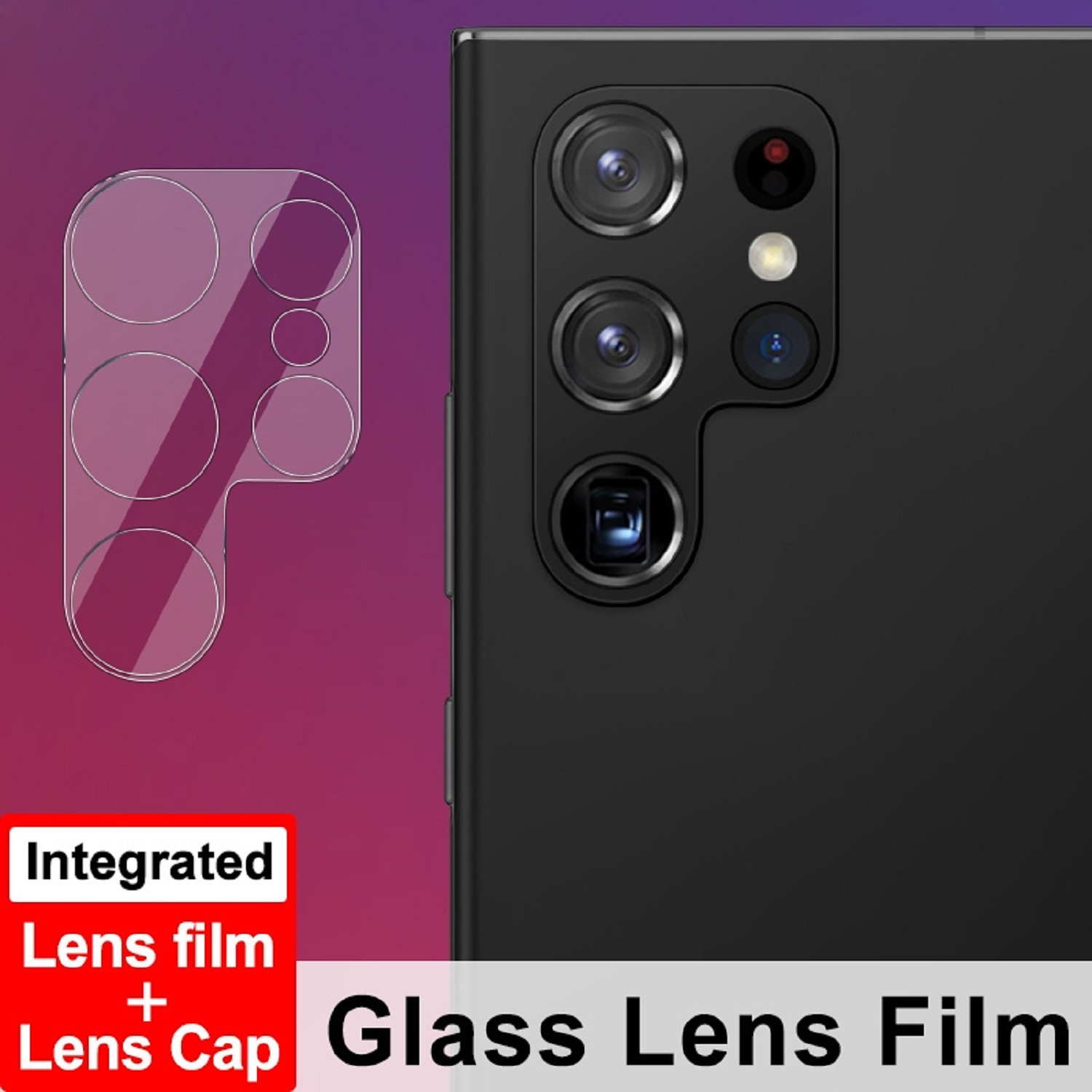 Ein Telefon mit angebrachter Linsenfolie und -kappe. Die Worte "Glass Lens Film" werden angezeigt.