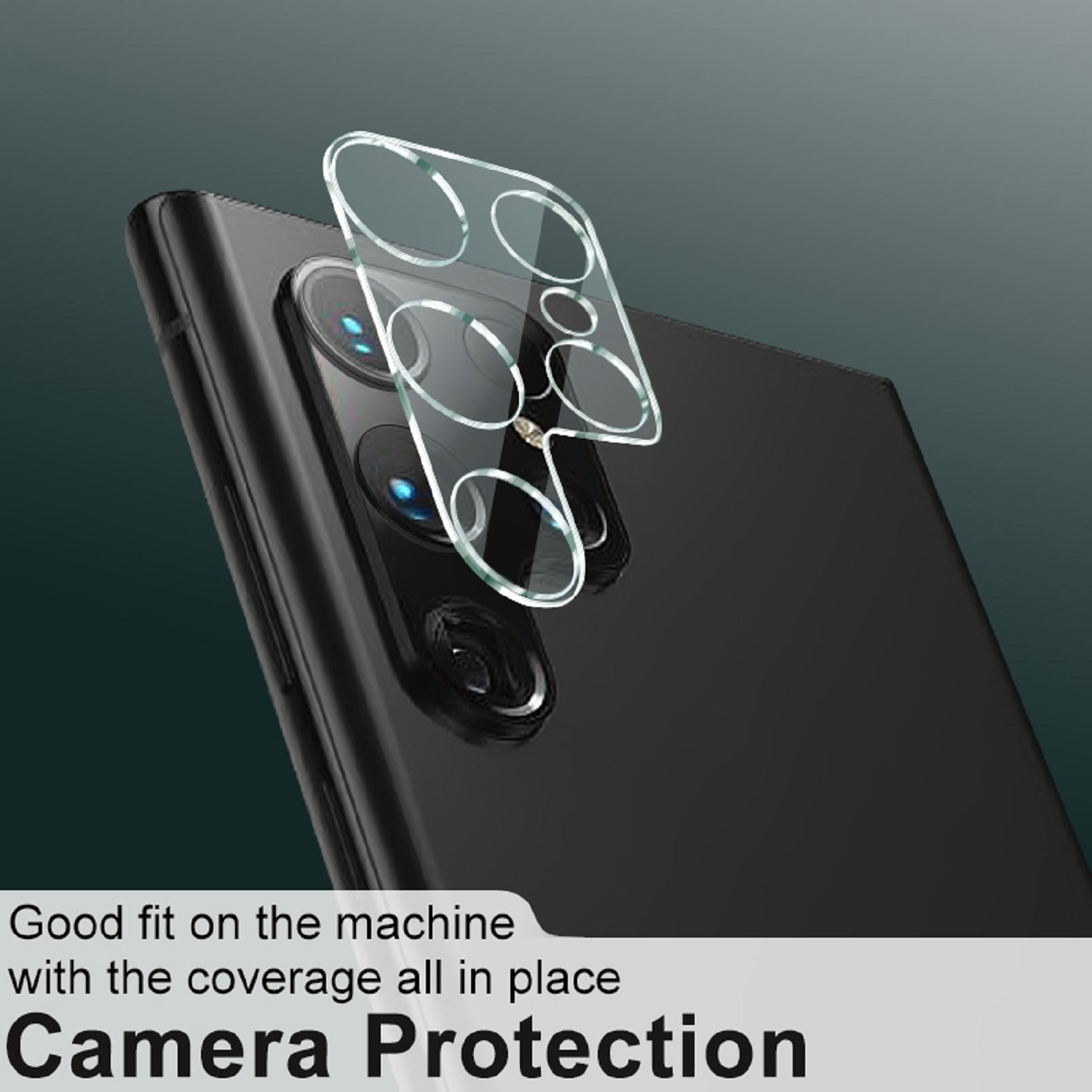 Telefon mit Kameraschutz. Das schwarze Telefon ist sichtbar. Der Schutz ist transparent mit Kreisen.