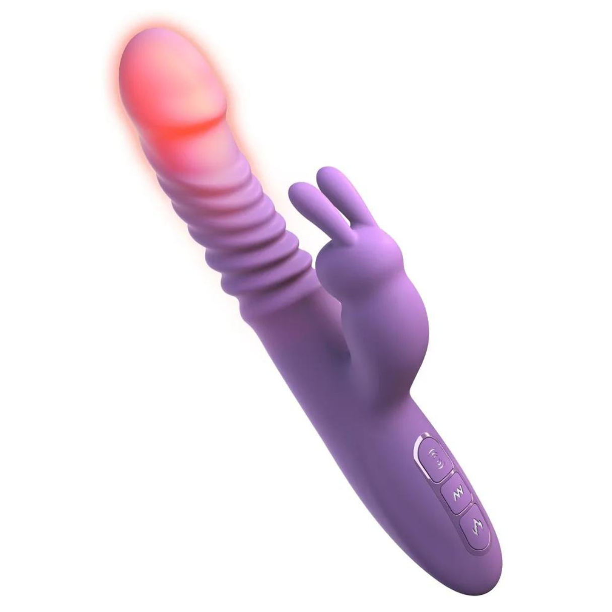 Lila Vibrator mit Hasenohren-Design, an der Spitze beleuchtet. Der Hintergrund ist weiß.