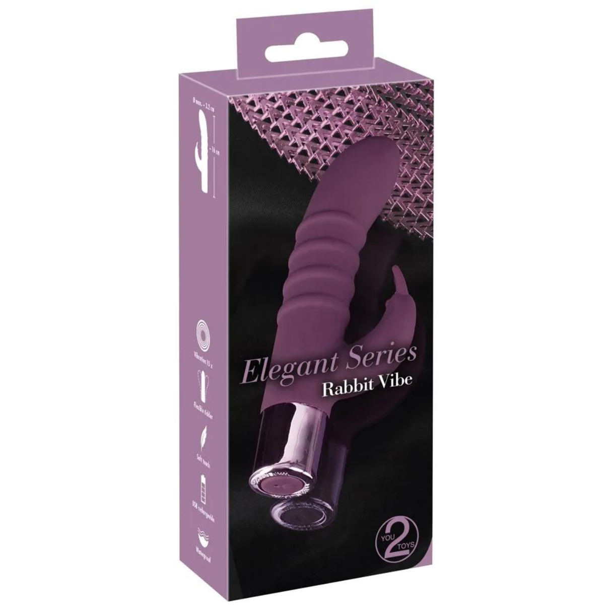 Ein lila Rabbit-Vibe-Spielzeug in seiner Box. Die Box ist lila mit Text und Bildern.