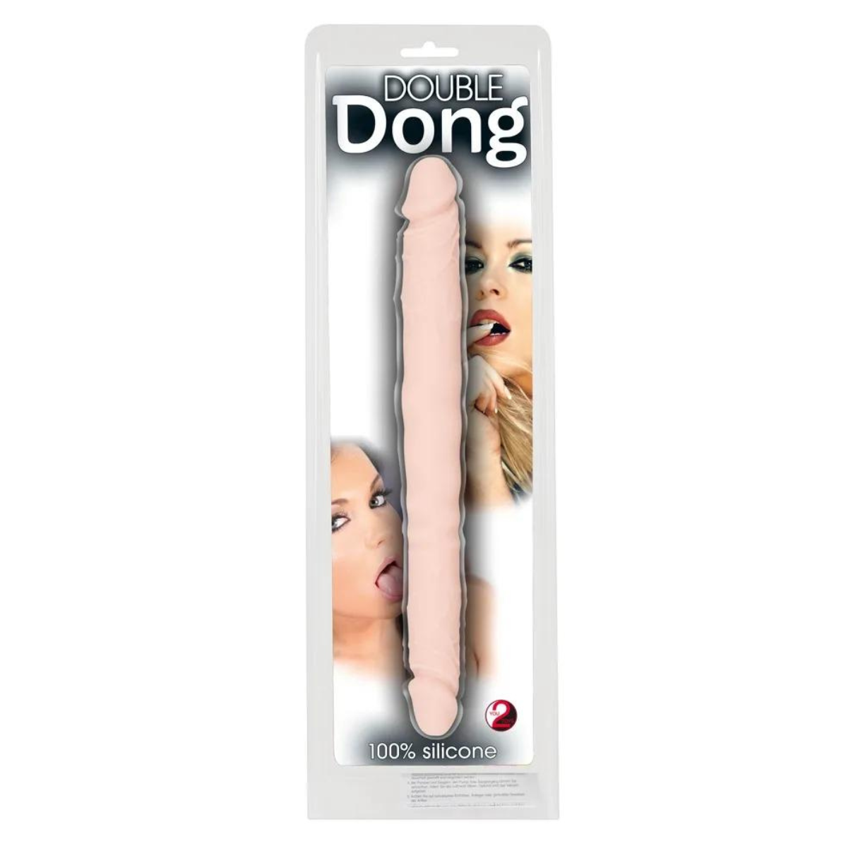 Pinker Dildo in einer Verpackung mit Frauenbildern.
