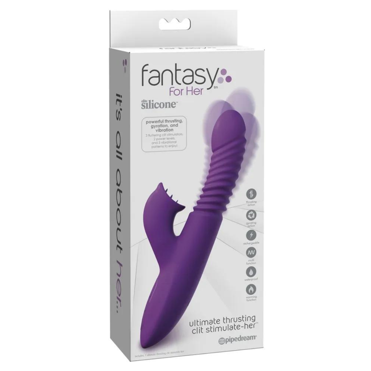 Ein lila Vibrator in einer Schachtel. Auf der Schachtel steht 'Fantasy For Her' mit einer Beschreibung und Bildern.