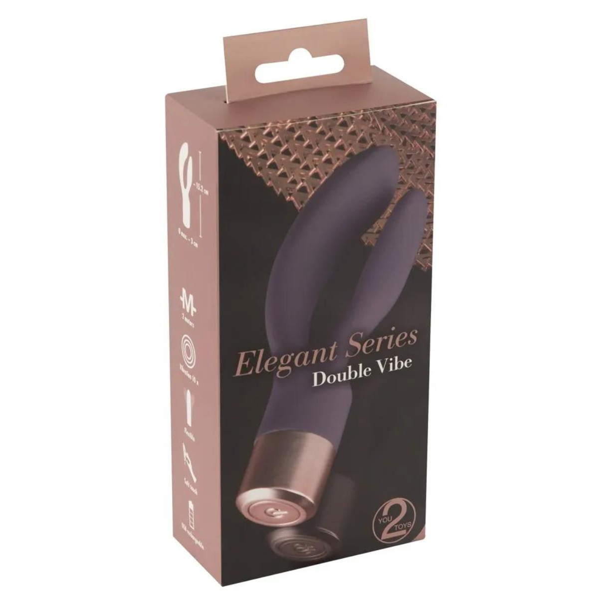 Box der Elegant Series Double Vibe. Sie ist lila und gold, mit Produktdetails an der Seite.