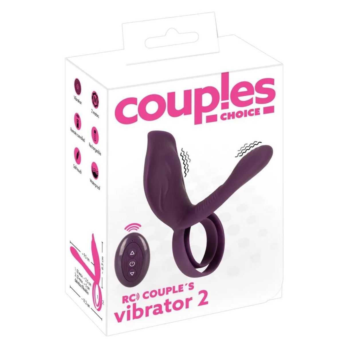 Ein lila Couples Choice Vibrator in seiner Box mit einer Fernbedienung. Die Box hat den Markennamen und die Funktionen.