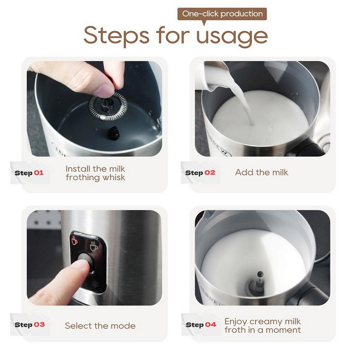 Cztery kroki do spieniania mleka. Zainstaluj trzepaczkę, dodaj mleko, wybierz tryb, ciesz się pianą.