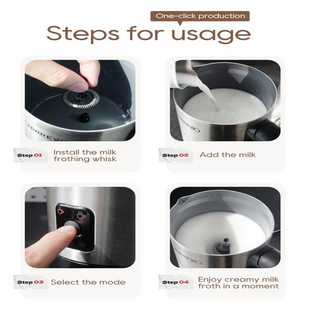 Cztery obrazy pokazujące kroki spieniania mleka. Widoczne są ręce i spieniacz do mleka. Białe tło.