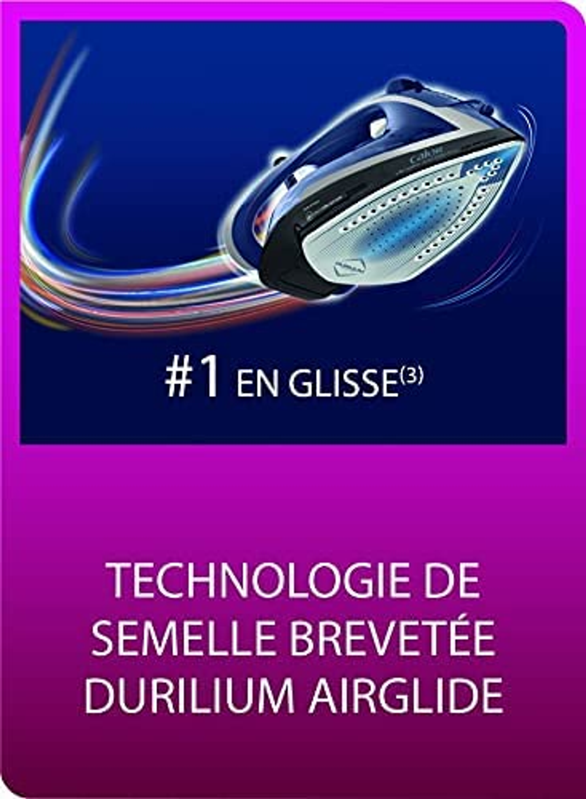 Werbung für ein Bügeleisen. Text lautet '#1 in Gleiten' und 'Durilium Airglide' Technologie.