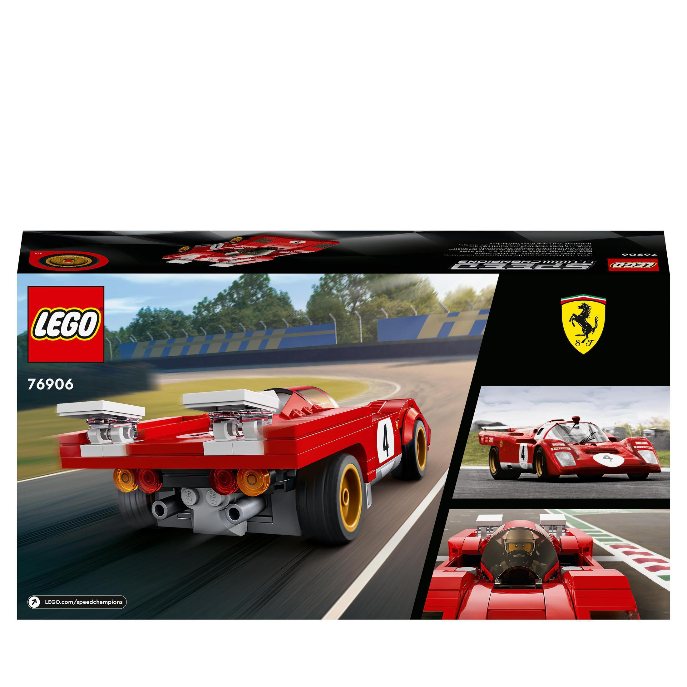 LEGO-Box mit rotem Rennwagen. Ferrari-Logo sichtbar. Hintergrund zeigt eine Rennstrecke.