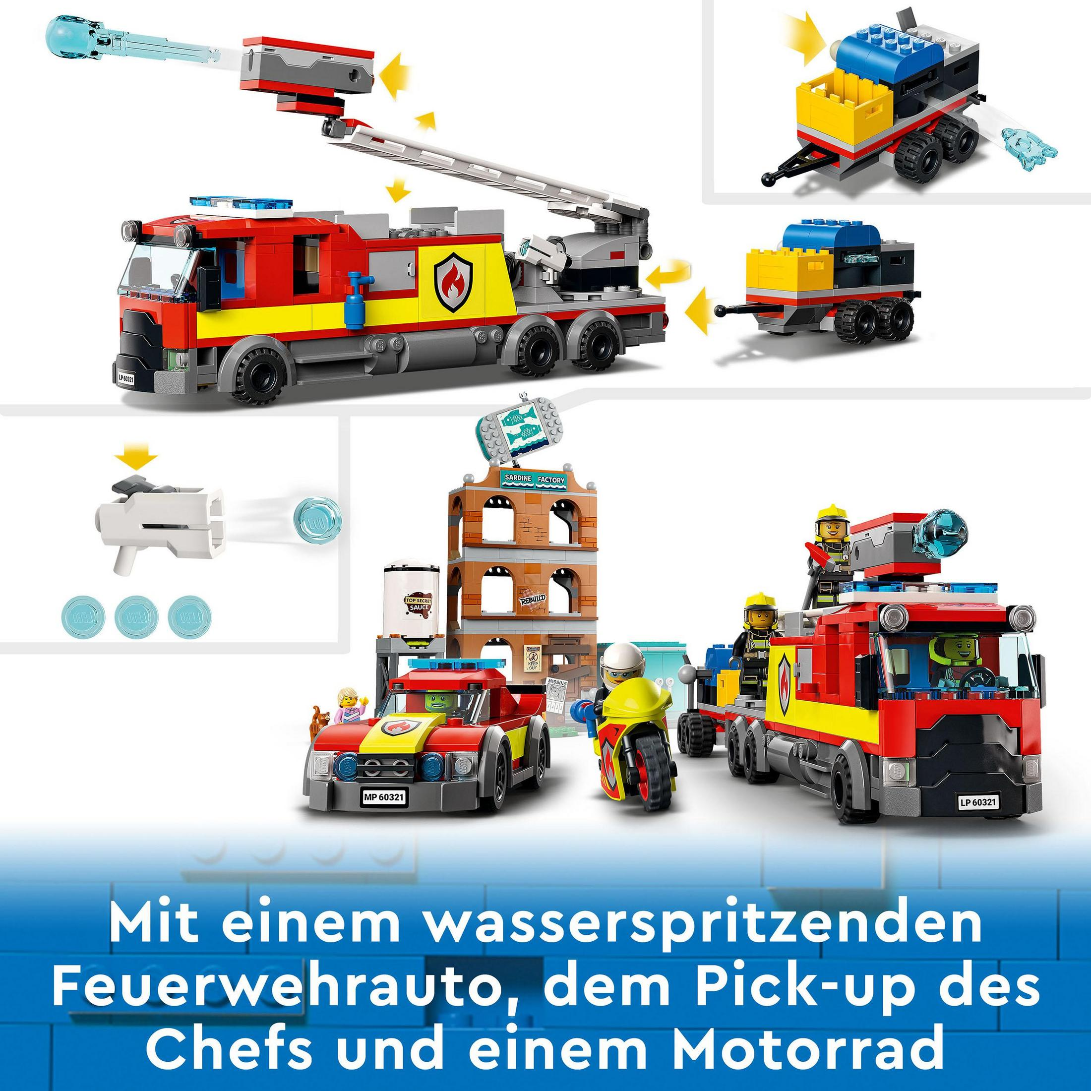 Caserne de pompiers Lego avec plusieurs véhicules et personnages en action.