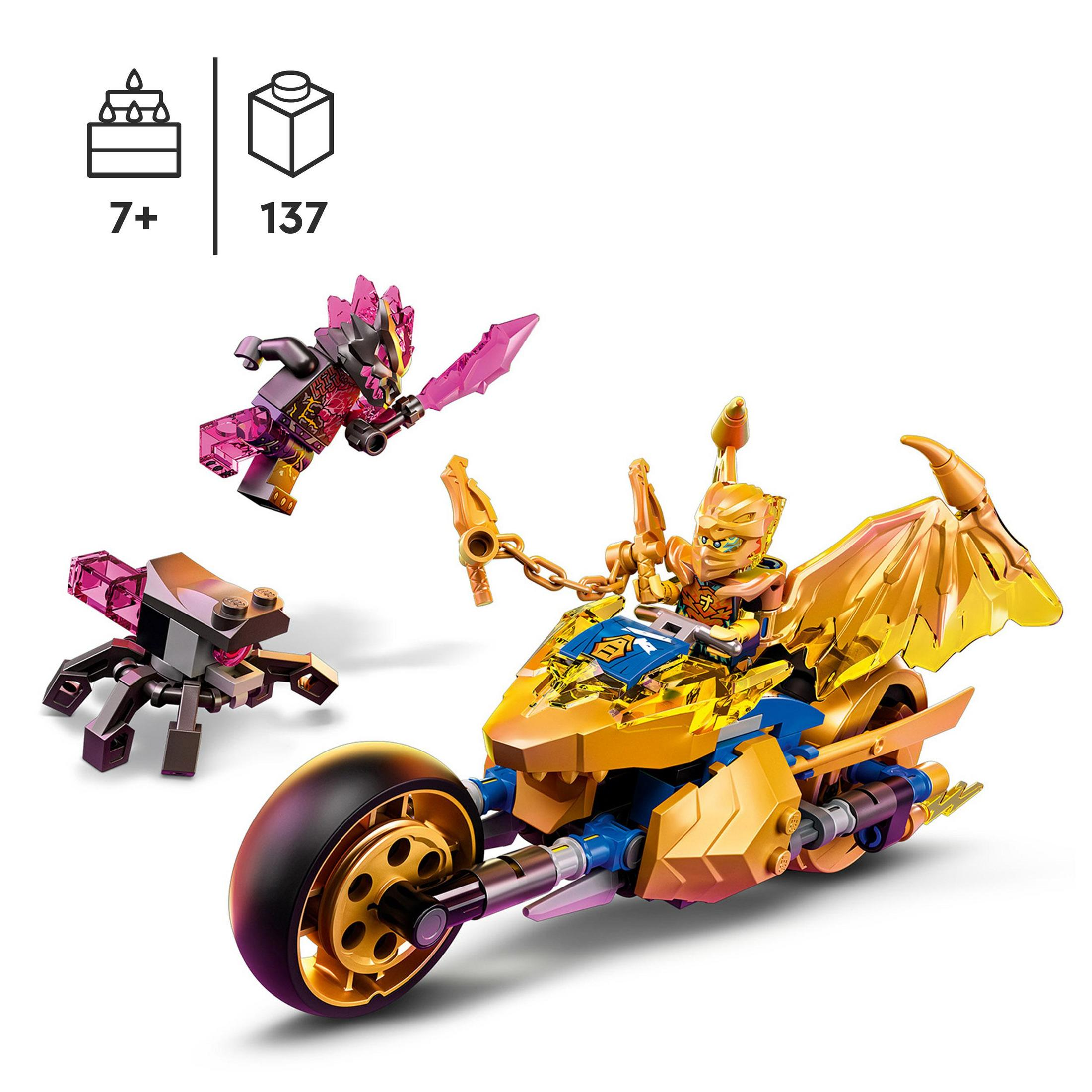 Lego Ninjago Set mit Minifiguren, die ein goldenes Motorrad fahren.