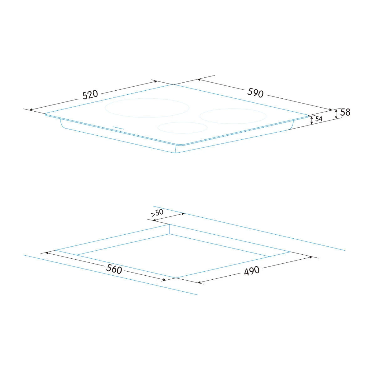 Diagrama de una placa de inducción con dimensiones y medidas.