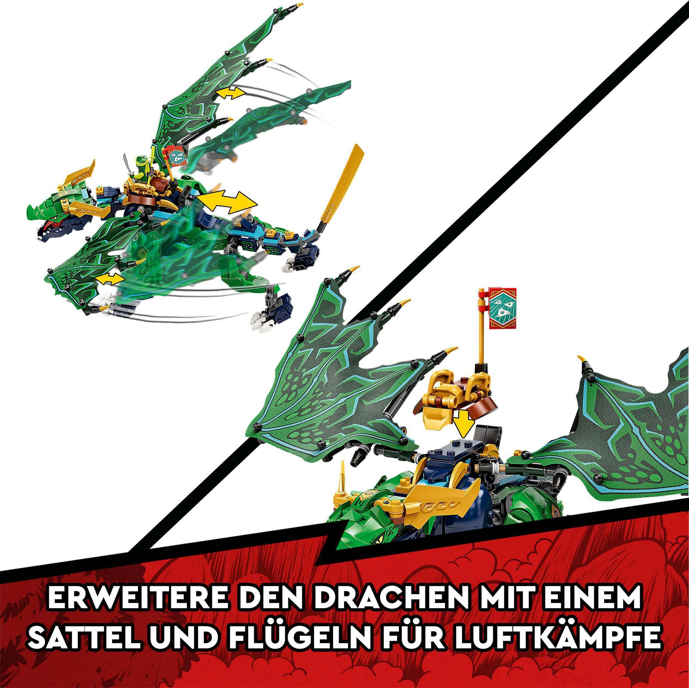 Dos dragones Lego verdes, uno con jinete, con texto sobre combate aéreo.