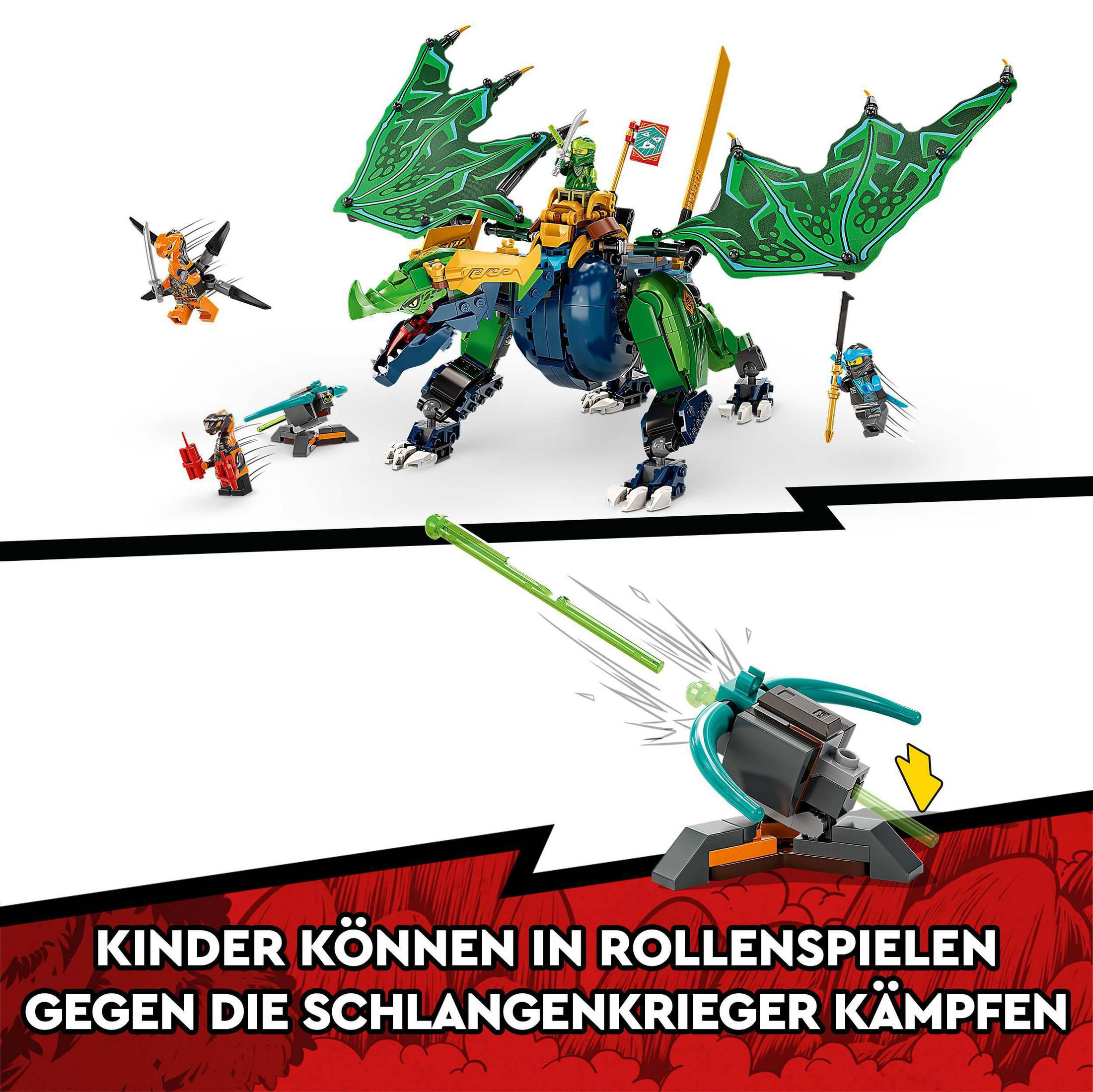 Set LEGO Ninjago con figuras de dragón y ninja. Escena de acción dinámica con texto en la parte inferior.