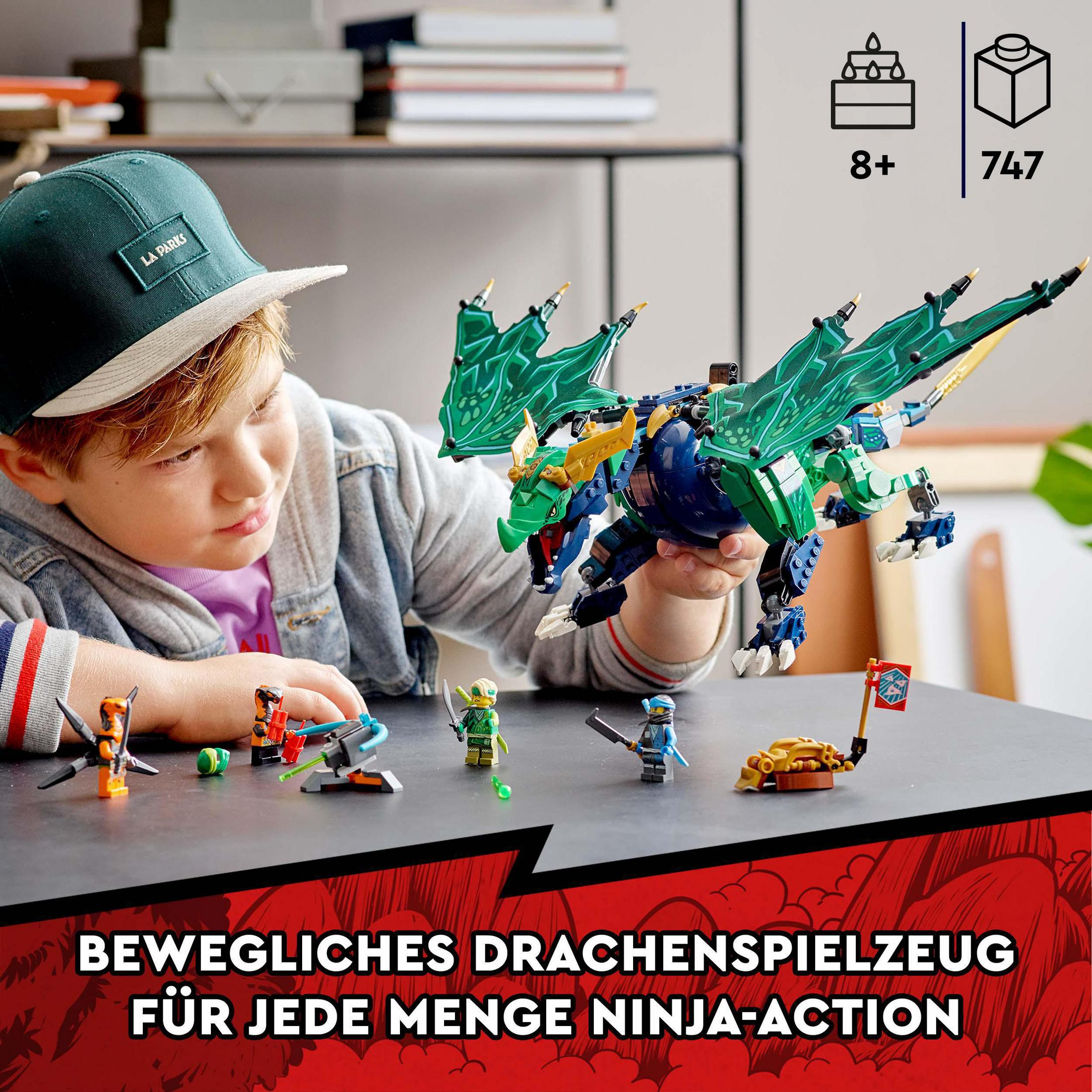Un niño jugando con un set de Lego de dragón. El set incluye figuras y un dragón.