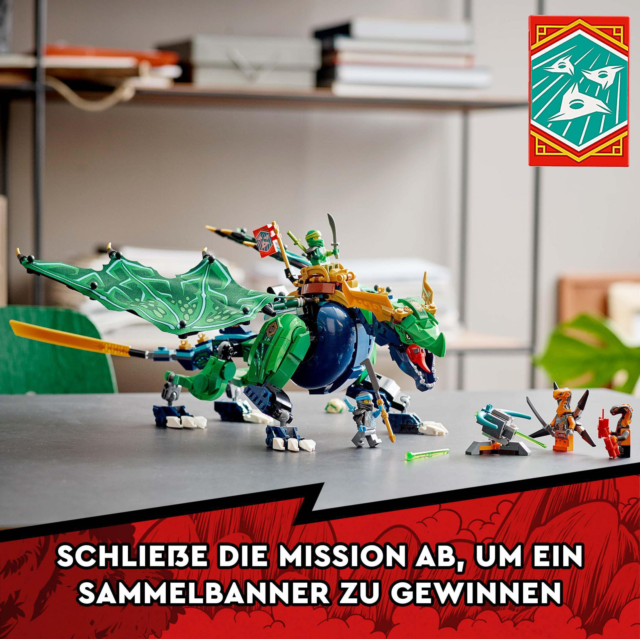 Un set LEGO Ninjago con un dragón, minifiguras y una pancarta.