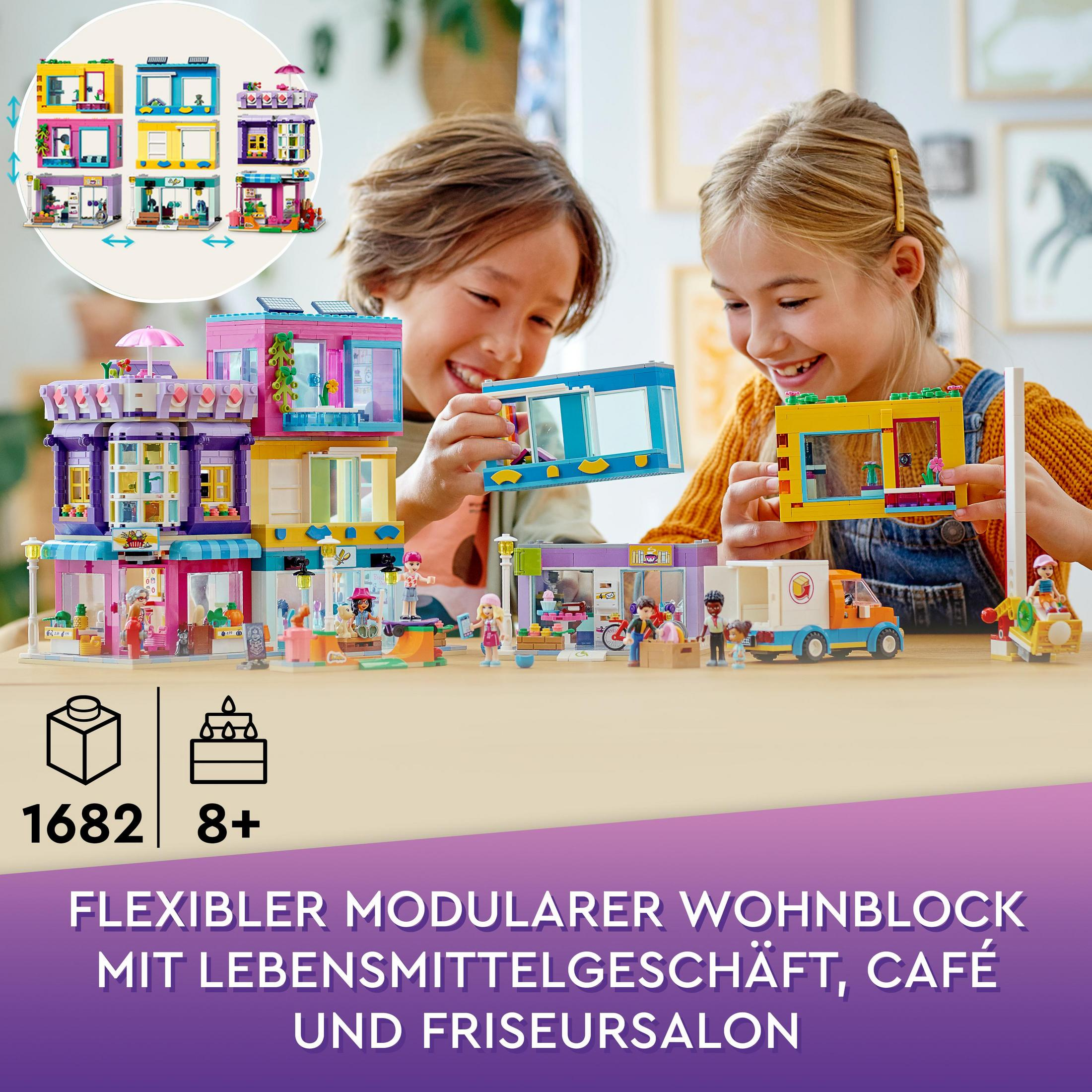 Kinderen die met een Lego-set spelen. Het is een modulaire blok met een voedselwinkel, café en kapsalon.