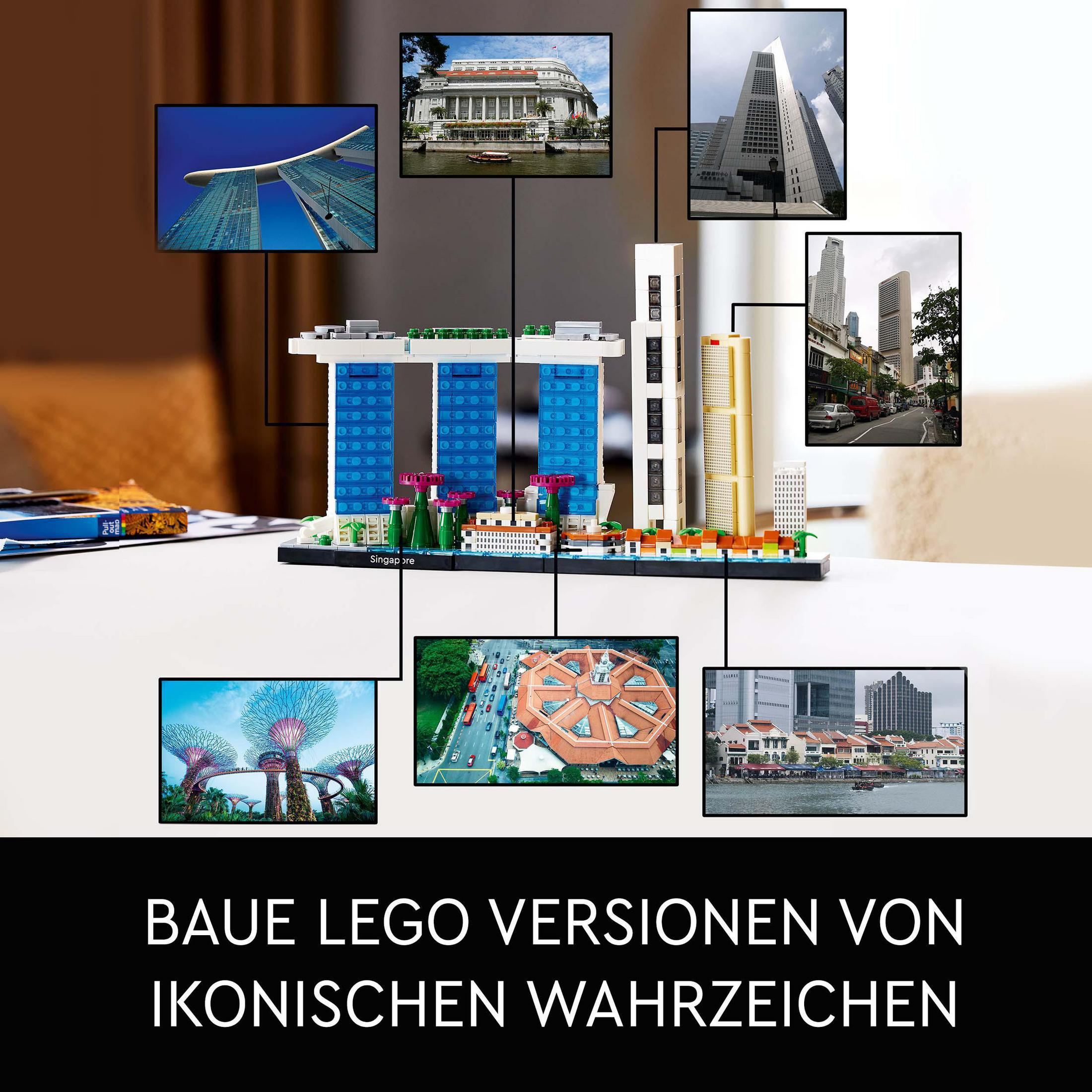 Een Lego-set van verschillende iconische gebouwen in Singapore, met Duitse tekst.